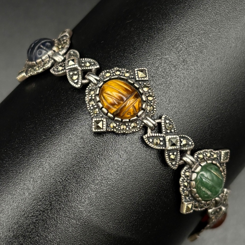 Vintage Sterling Silver Scarab Bracelet Marcasite Egyptian Revival Size 7